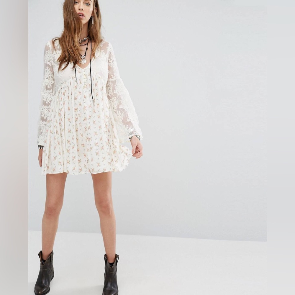Denim Supply Ralph Lauren Bohemian Printed Tea Dress Lace Flare Sleeves Prairie - Picture 4 of 14